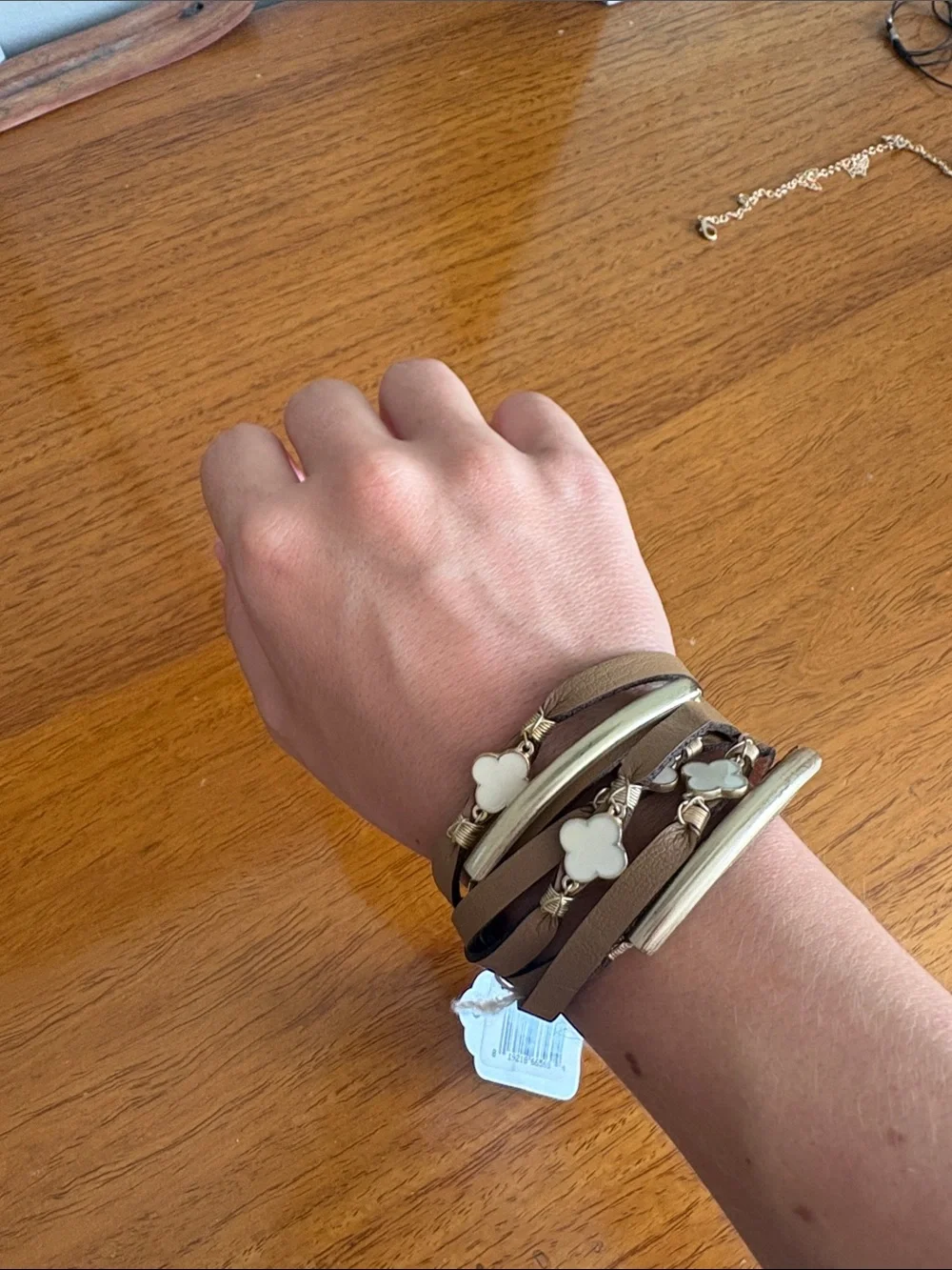 Brown Multi-Strand Wrap Bracelet with White Clover Accents